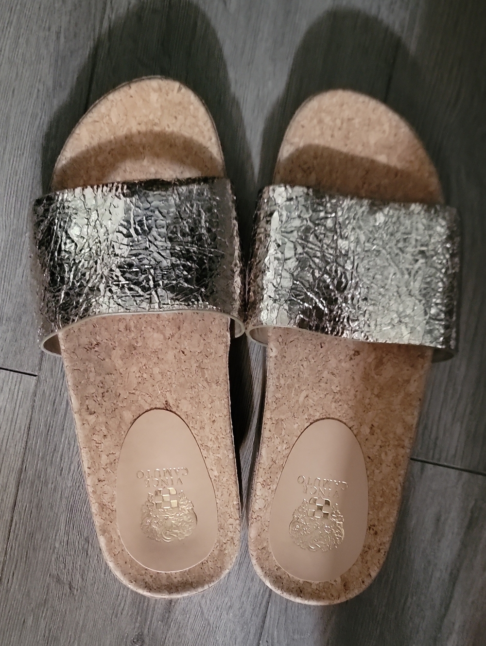 Vince Camuto Metallic Silver Cork Slide Sandals